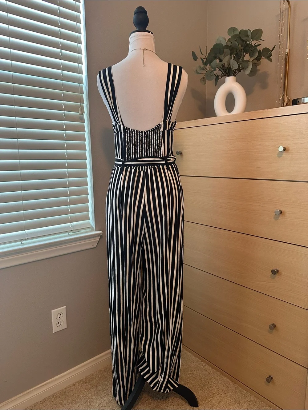 Free People Black and White Striped Sleeveless Jumpsuit with Waist Tie